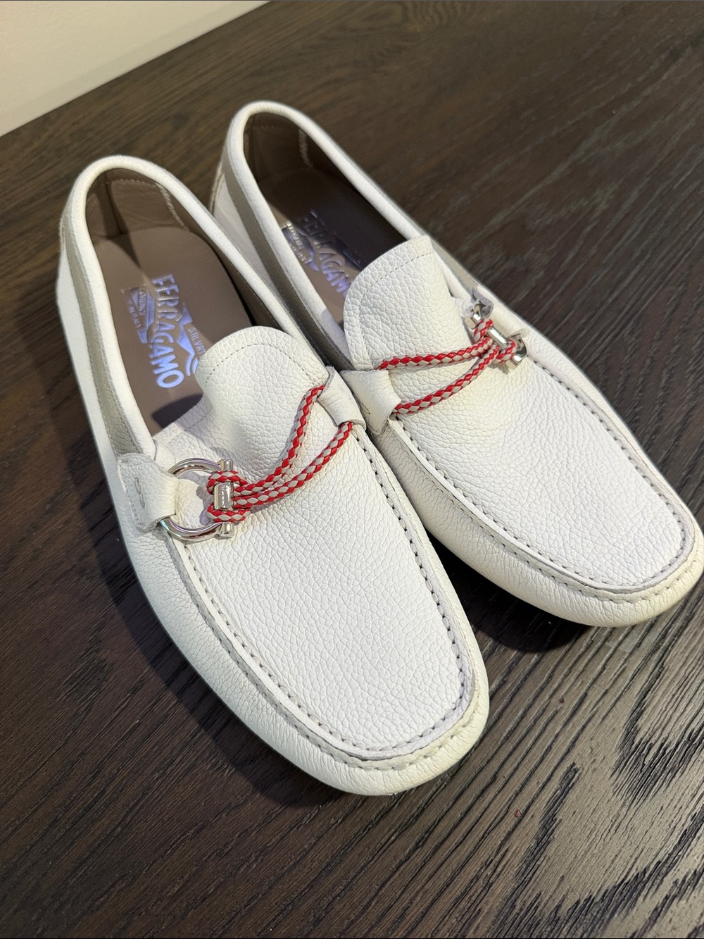 Salvatore Ferragamo White Leather Loafers with Red Braided Accent